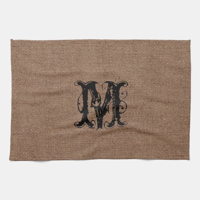 Rustic Burlap Black Monogram - Shabby Chic Kitchen Towel (Horizontal)