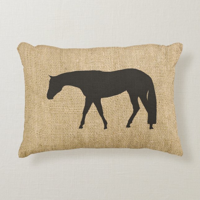 Rustic Burlap Black Western Pleasure Horse Decorative Pillow (Front)