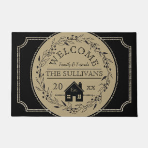 Rustic Burlap Black Wreath House WELCOME Name Doormat