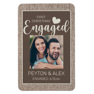 Rustic Burlap Brown 1st Christmas Engaged Photo  Magnet
