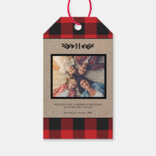 Rustic Burlap Buffalo Plaid Monogram Photo  Gift Tags