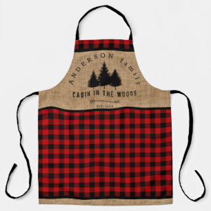 Rustic Burlap Buffalo Plaid Pattern Cabin in Woods Apron