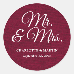 Rustic Burlap Burgundy Red Mr and Mrs Wedding Classic Round Sticker