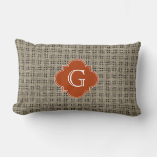 Rustic Burlap Burnt Orange Quatrefoil Monogram Lumbar Pillow