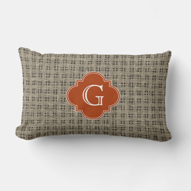 Rustic Burlap Burnt Orange Quatrefoil Monogram Lumbar Pillow (Front)
