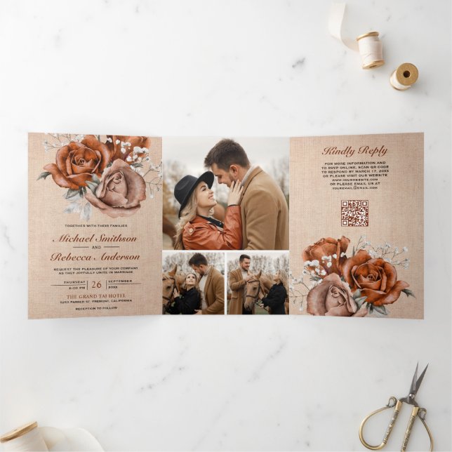 Rustic Burlap Burnt Orange Rose QR Code Wedding Tri-Fold Invitation (Inside)