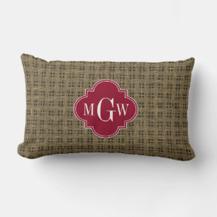 Rustic Burlap Cranberry Quatrefoil 3 Monogram Lumbar Pillow