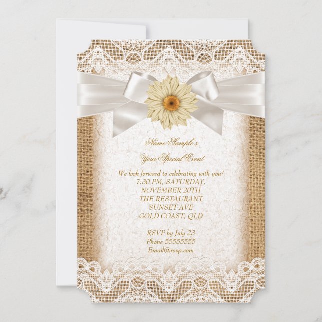 Rustic Burlap Cream Lace, Gerbera Flower Bow 3 Invitation (Front)