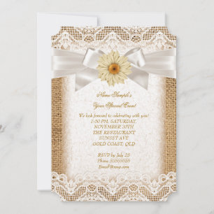 Rustic Burlap Cream Lace, Gerbera Flower Bow 3 Invitation