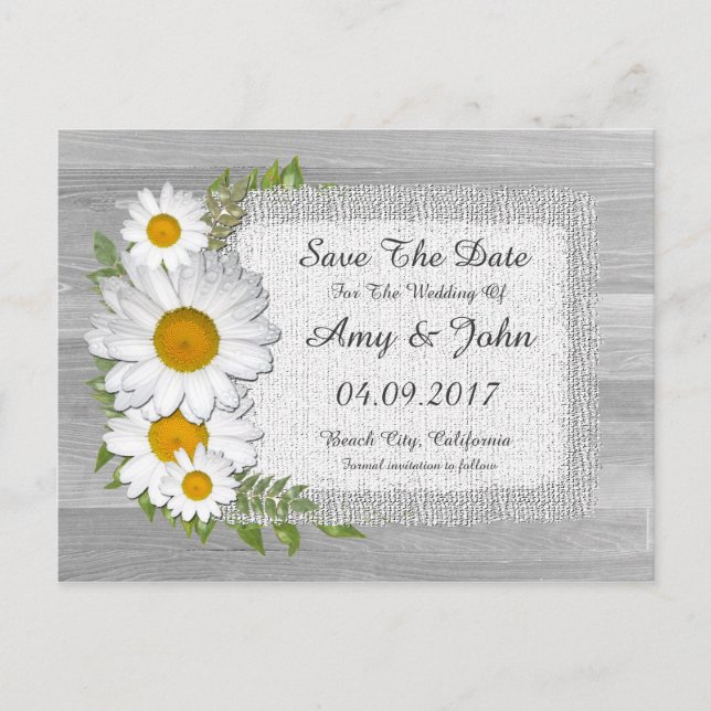 Rustic burlap daisy wedding save the date daisy2 announcement postcard (Front)