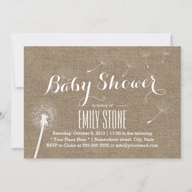 Rustic Burlap Dandelion Baby Shower Invitations (Front)