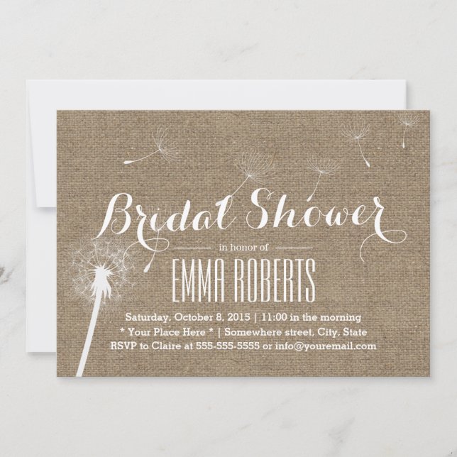 Rustic Burlap Dandelion Blowing Bridal Shower Invitation (Front)