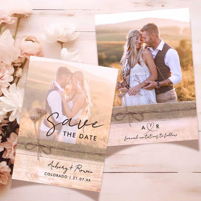 Rustic Burlap Eco Wood Blush Wildflower Boho Photo Save The Date (Creator Uploaded)