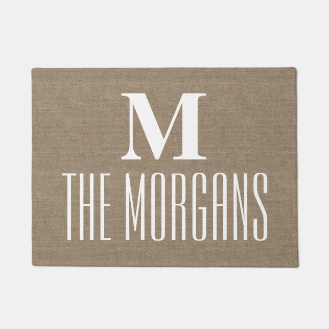 Rustic Burlap Elegant Chic Monogrammed Family Doormat (Front)