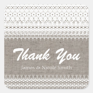 Rustic Burlap & Elegant Lace Wedding Favour Square Sticker