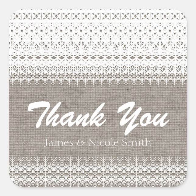 Rustic Burlap & Elegant Lace Wedding Favour Square Sticker (Front)