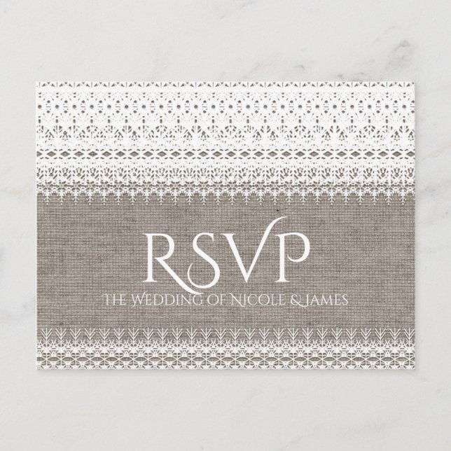Rustic Burlap & Elegant Lace Wedding RSVP Invitation Postcard (Front)