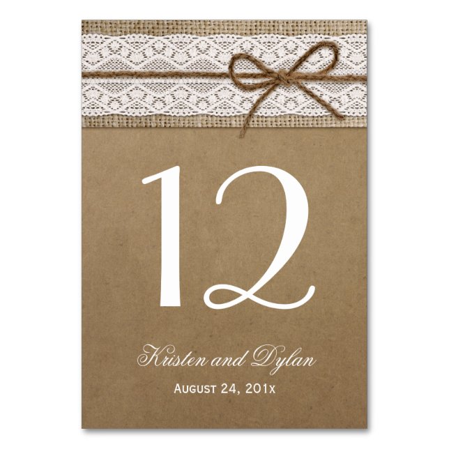 Rustic Burlap Elegant Lace Wedding Table Number (Front)