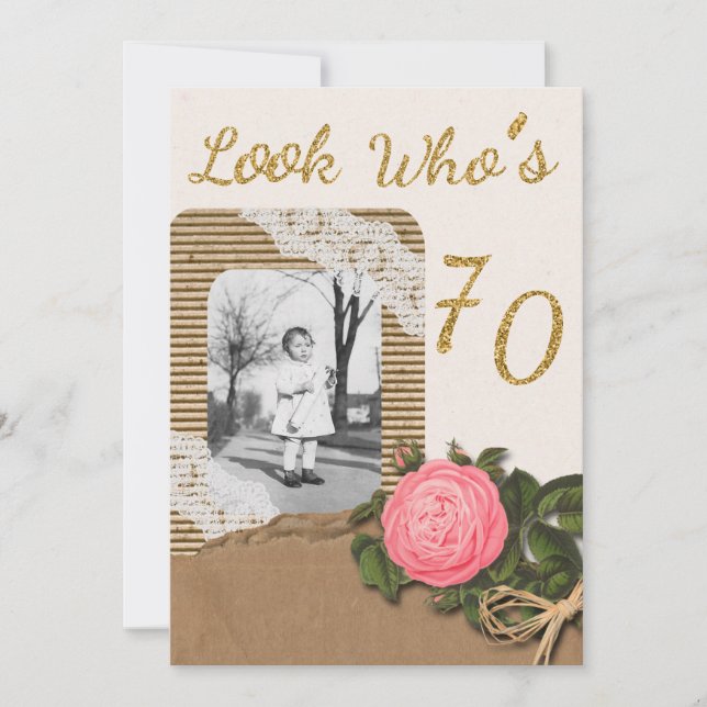 Rustic Burlap et Rose de dentelle 70e Invitation d (Devant)