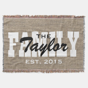 Rustic Burlap Family Name Family Established Throw Blanket