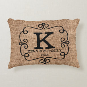 Rustic Burlap Family Name Monogrammed Accent Pillow