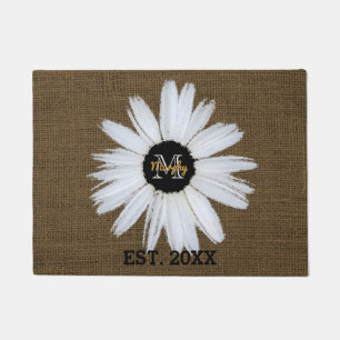Rustic Burlap Family Name Year   Monogrammed Daisy Doormat