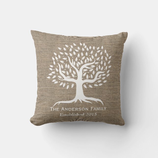 Rustic Burlap Family Tree Family Established Throw Pillow (Front)