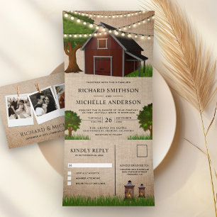 Rustic Burlap Farm Red Barn String Lights Wedding Tri-Fold Invitation