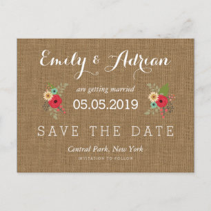 Rustic Burlap Floral Save the Date Postcards