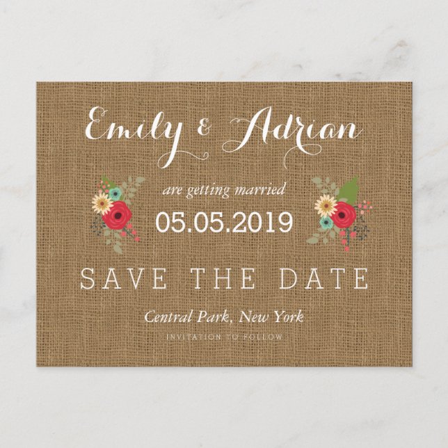 Rustic Burlap Floral Save the Date Postcards (Front)
