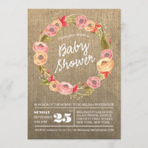 Rustic Burlap Floral Wreath BABY Shower Invite