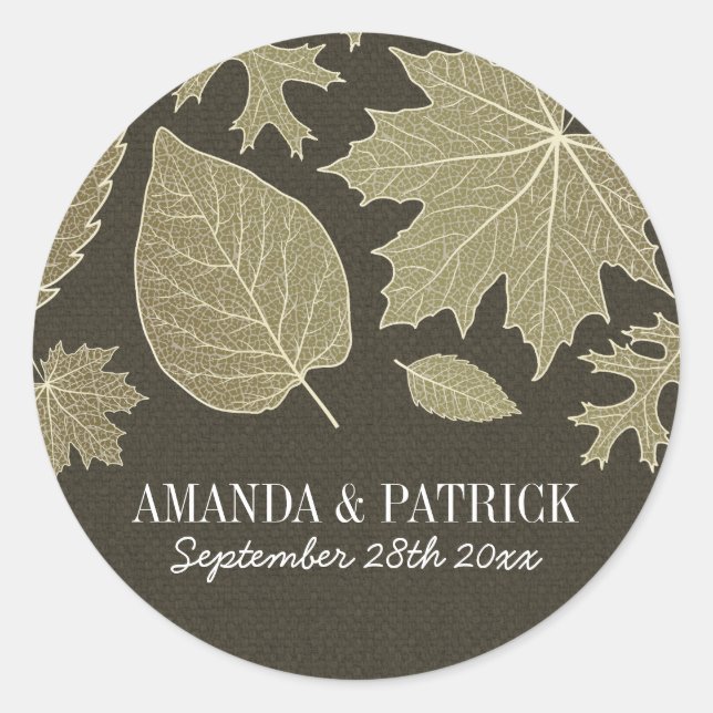 Rustic Burlap Gold Fall Leaves Wedding Favours Classic Round Sticker (Front)