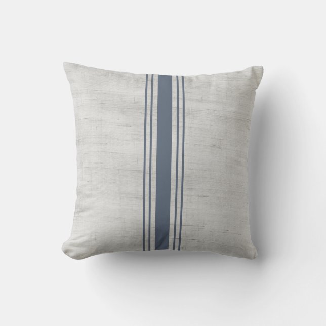 Rustic Burlap Grain Sack Blue Grey Striped Throw Pillow (Front)