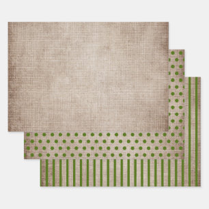 Rustic Burlap Green Polka Dots Stripes Solid Wrapping Paper Sheet