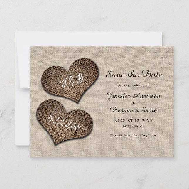 Rustic Burlap Hearts Wedding Save The Date Photo (Front)