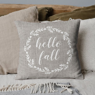 Rustic Burlap Hello Fall Decorative Throw Pillow