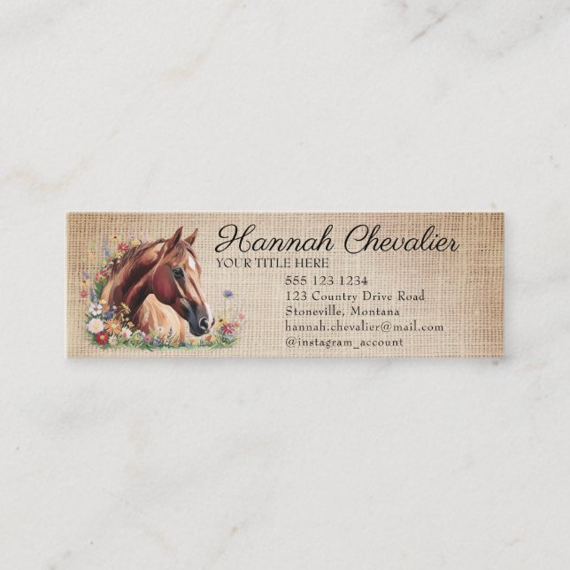 rustic burlap, horse with wildflower equestrian mini business card (Front)