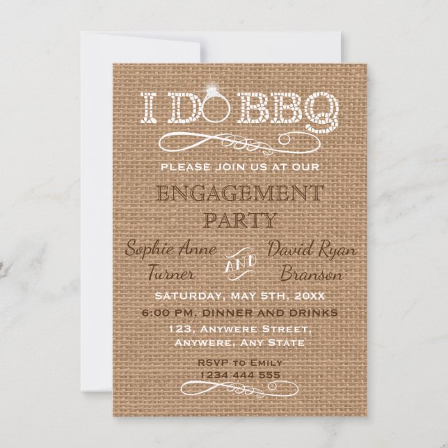 Rustic Burlap I DO BBQ Engagement Party Invitation (Devant)