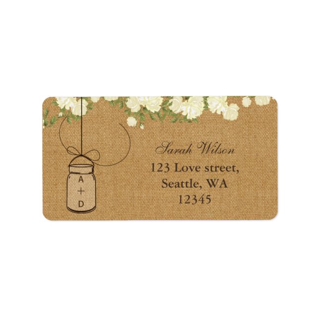 rustic burlap ivory roses mason jar address label (Front)