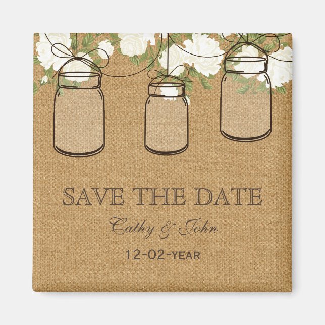 rustic burlap ivory roses mason jar save the Date Magnet (Front)