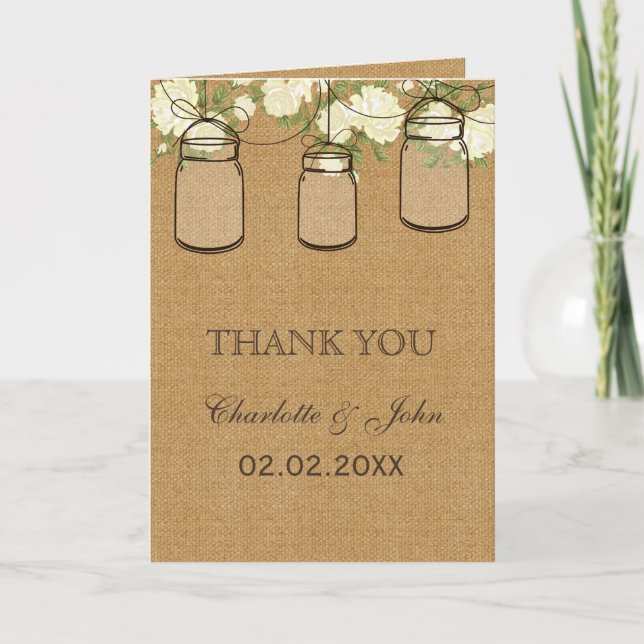 rustic burlap ivory roses mason jars  Thank You (Front)