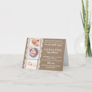 Rustic Burlap & Lace 3 Photo Birth Announcement
