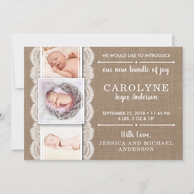 Rustic Burlap & Lace | 3 Photo Birth Announcement (Front)
