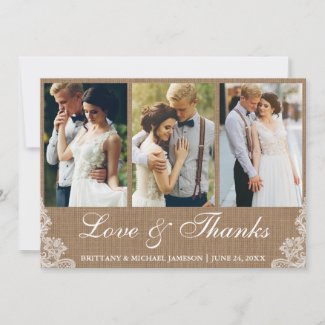 Rustic Burlap Lace 3 Photo Love and Thanks Thank You Card