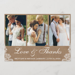 Rustic Burlap Lace 3 Photo Love and Thanks Thank You Card