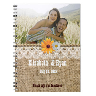 Rustic Burlap, Lace and Rope,Wedding Guest Sign In Notebook
