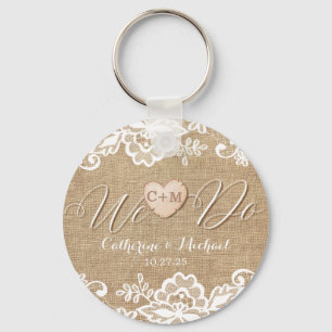 Rustic Burlap Lace and Wood Heart Name Initials  Keychain