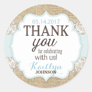 Rustic Burlap Lace Blue Boy Thank You Classic Round Sticker