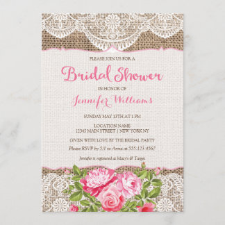 Rustic Burlap Lace Bridal Shower Invitation Roses