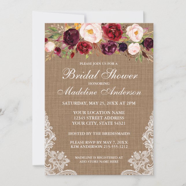 Rustic Burlap Lace Burgundy Floral Bridal Shower Invitation (Front)